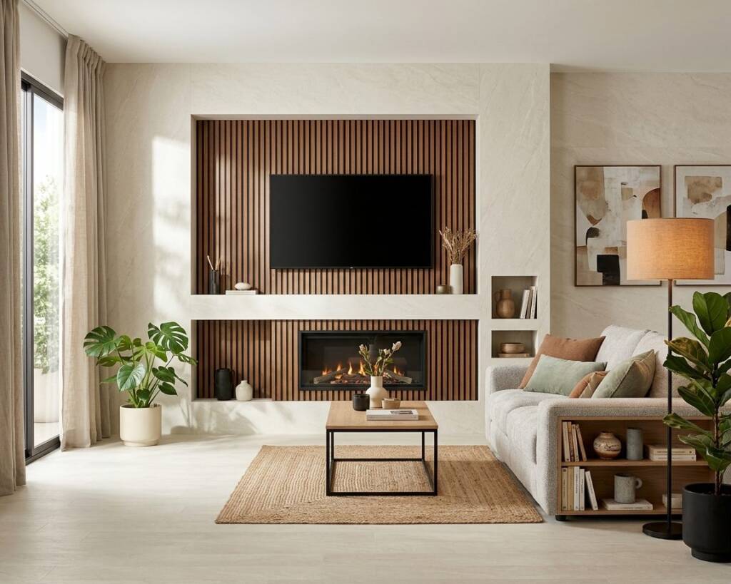 SPC Wall Lux Arena Blanco combinado con Wall Panel Brownie en un ambiente residencial (imagen generada con IA)