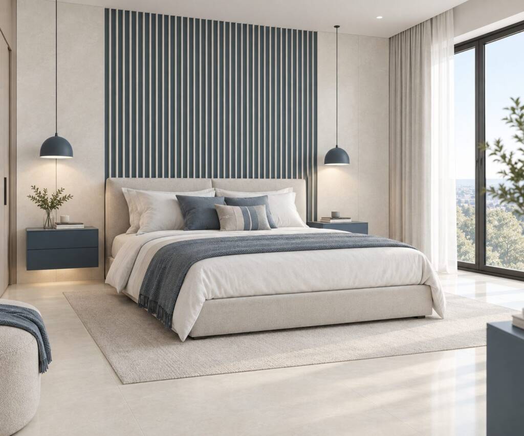 SPC Wall Lux Arena Blanco combinado con Wall Panel Coco en un ambiente residencial (imagen generada con IA)