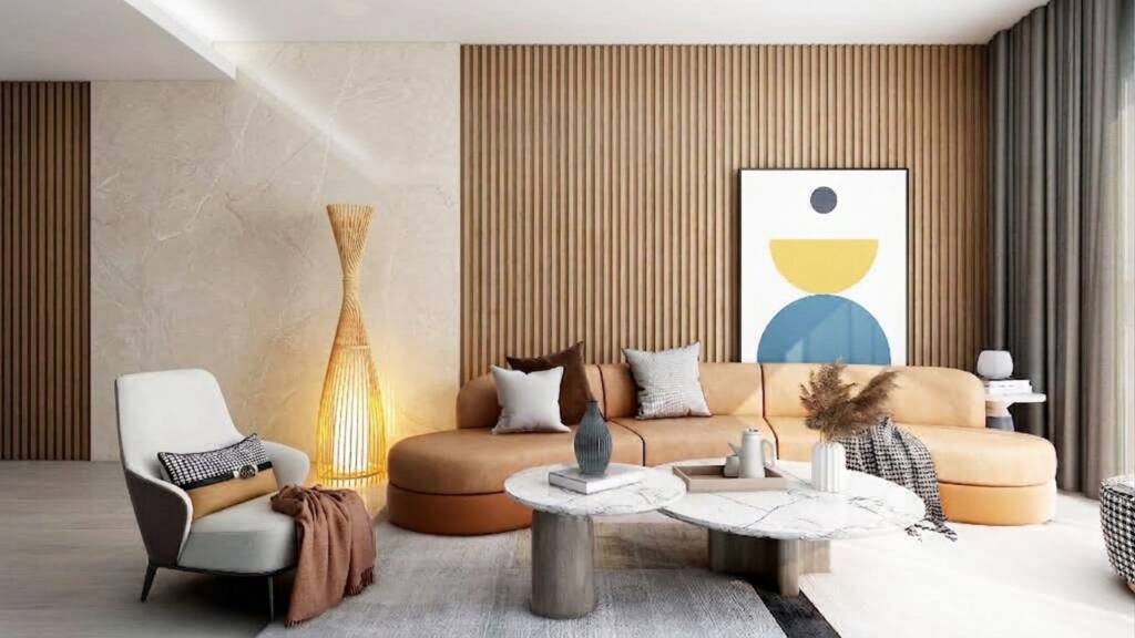 SPC Wall Lux Arena Blanco combinado con Wall Panel Turrón en un ambiente residencial (imagen generada con IA)