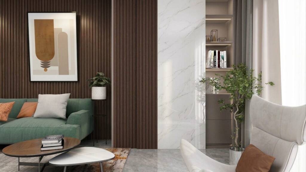 SPC Wall Lux Calacatta Brillo combinado con Wall Panel Café en un ambiente residencial (imagen generada con IA)