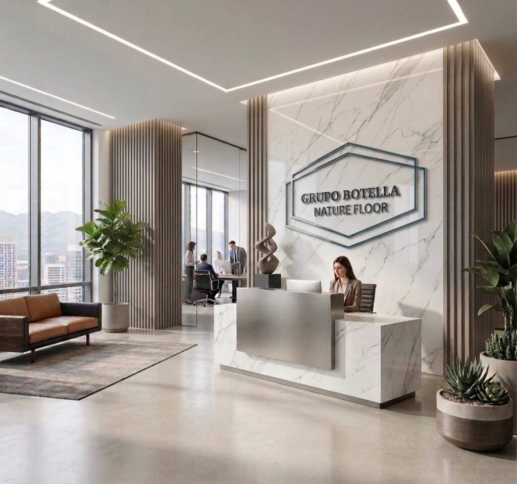 SPC Wall Lux Calacatta Brillo combinado con Wall Panel Pancake en una recepción corporativa (imagen generada con IA)