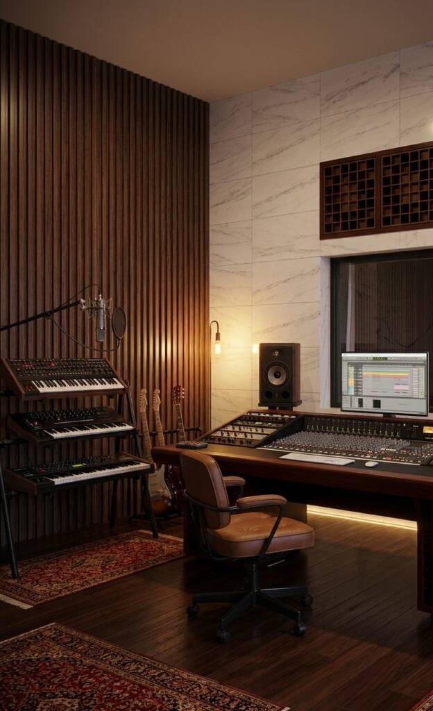 SPC Wall Lux Calacatta Mate combinado con Wall Panel Chocolate en un estudio de grabación (imagen generada con IA)