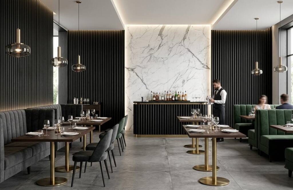 SPC Wall Lux Calacatta Mate combinado con Wall Panel Coulant chocolate en un restaurante (imagen generada con IA)