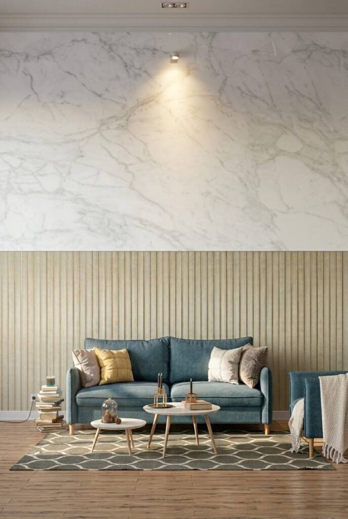SPC Wall Lux Calacatta Mate combinado con Wall Panel Pudding en un ambiente residencial (imagen generada con IA)