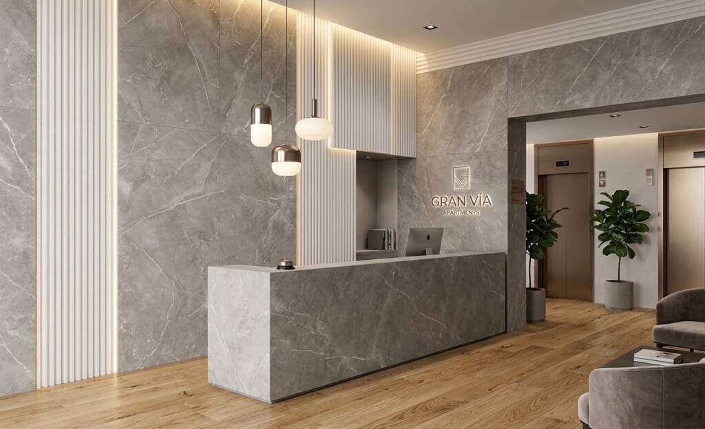 SPC Wall Lux Carrara Gris combinado con Wall Panel Nata en la recepción de un edificio de apartamentos (imagen generada con IA)