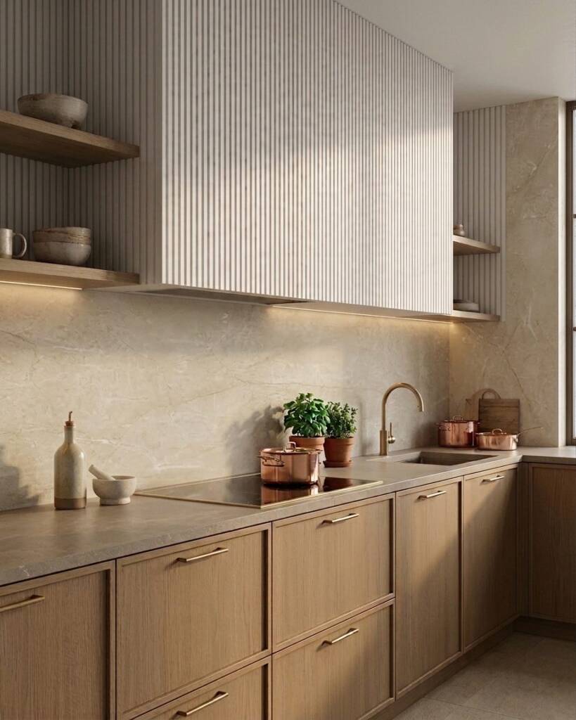 SPC Wall Lux Perlino combinado con Wall Panel Merengue en un ambiente residencial (imagen generada con IA)