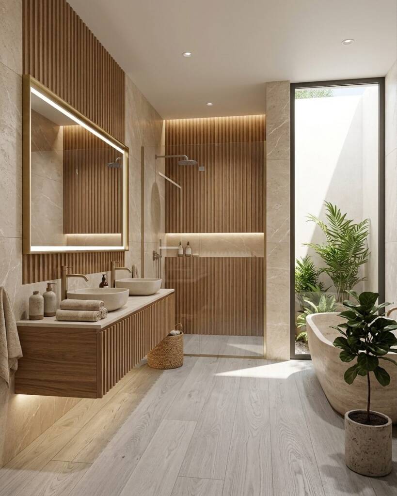 SPC Wall Lux Perlino combinado con Wall Panel Miel en un ambiente residencial (imagen generada con IA)