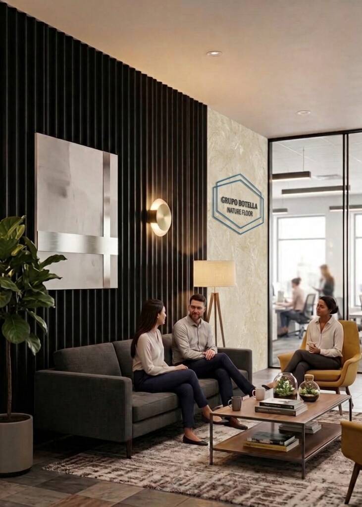 SPC Wall Lux Perlino combinado con Wall Panel Selva Negra en una sala de espera de oficina (imagen generada con IA)